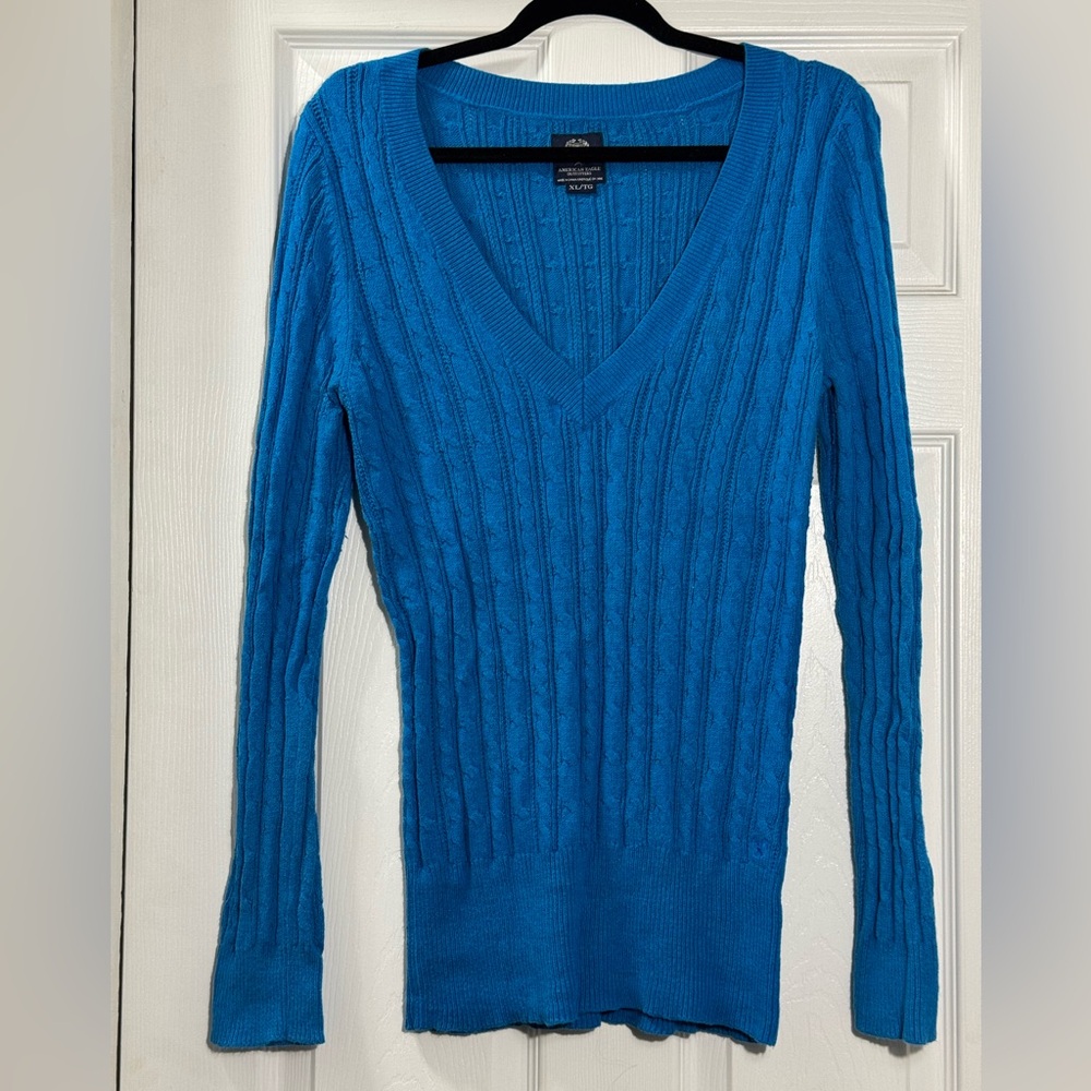 American Eagle Y2K Blue Cable Knit Deep V Neck Fitted Sweater XL